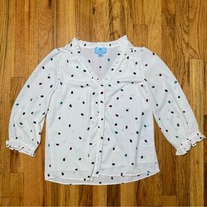 CeCe Women’s White Polka Dot Blouse with Ruffle Trim – Size S